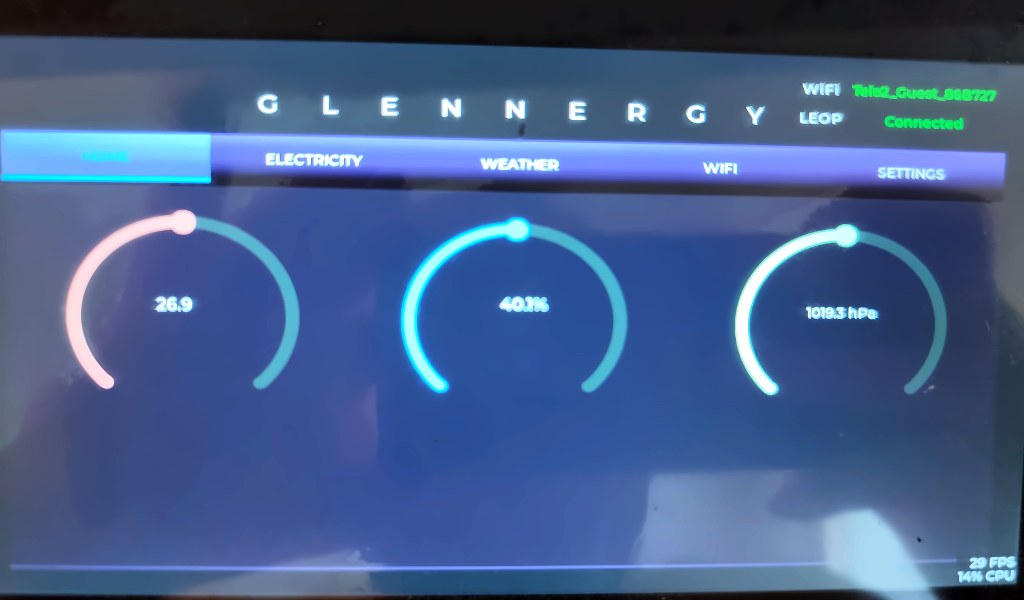 Glennergy touchscreen Home view displaying local BME280 temperature, humidity and pressure measurements.