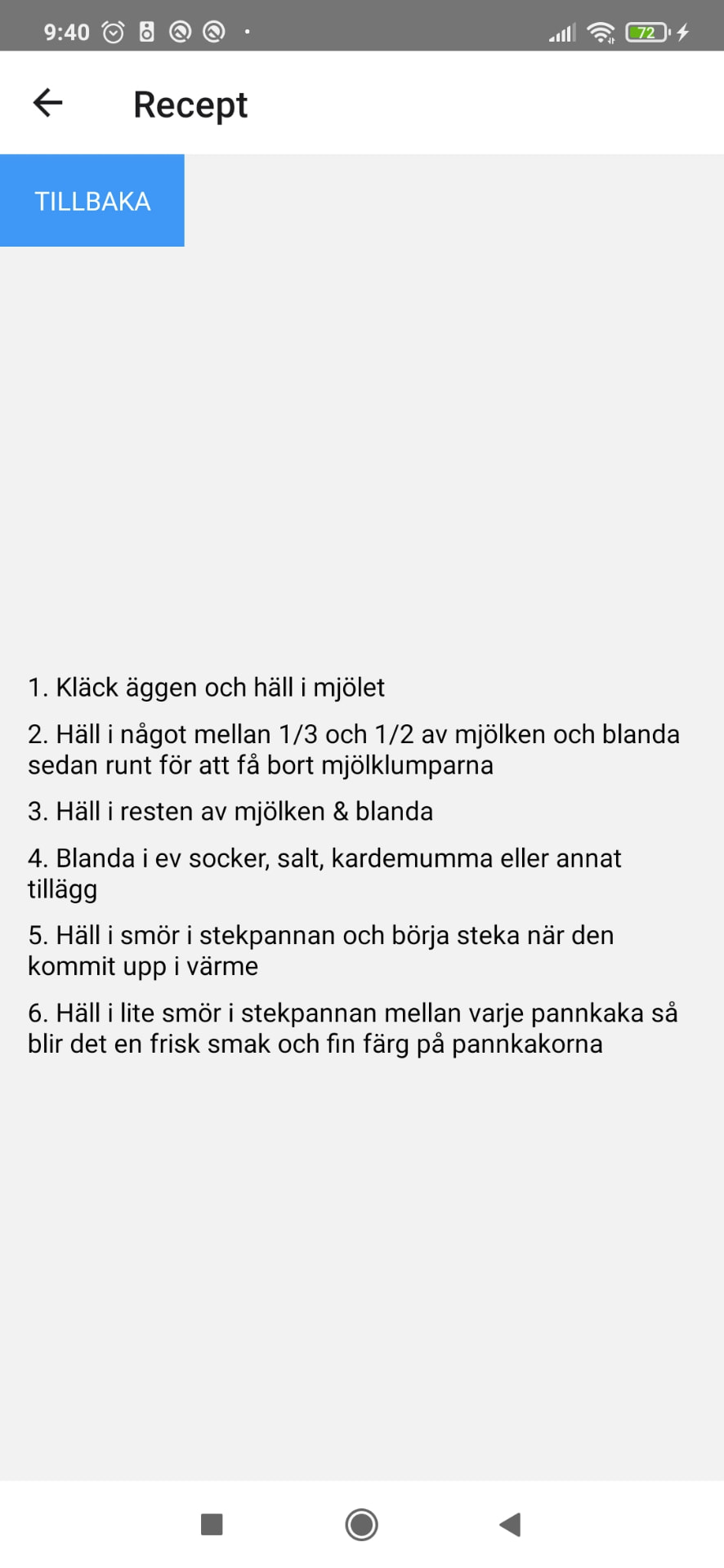 Pannkakskocken Android app showing its recipe instructions.