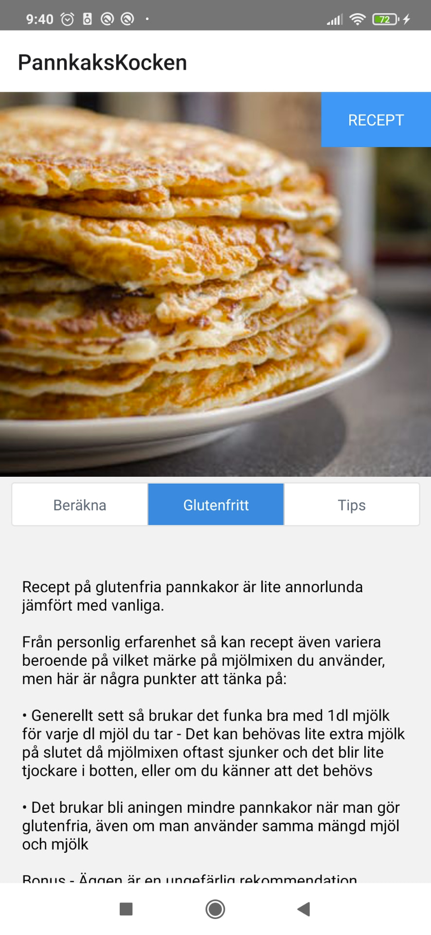 Pannkakskocken Android app showing its gluten-free recipe guidance.