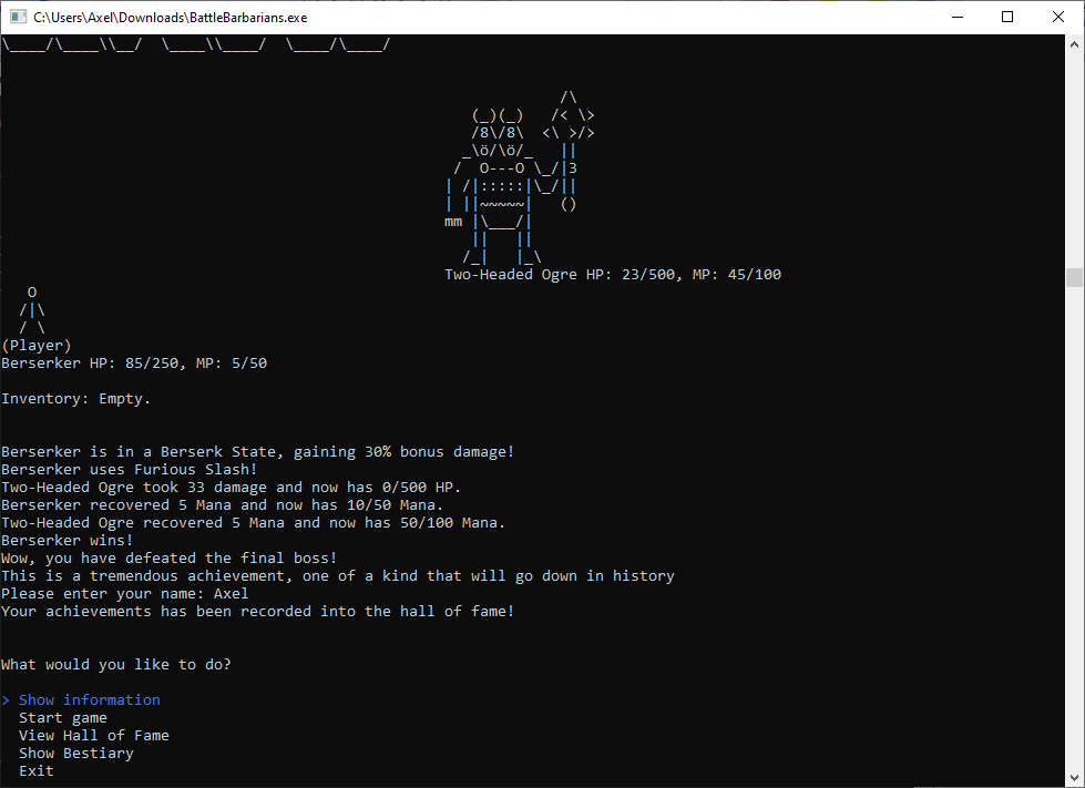 BattleBarbarians victory screen after completing the final boss and registering the run in the local Hall of Fame.