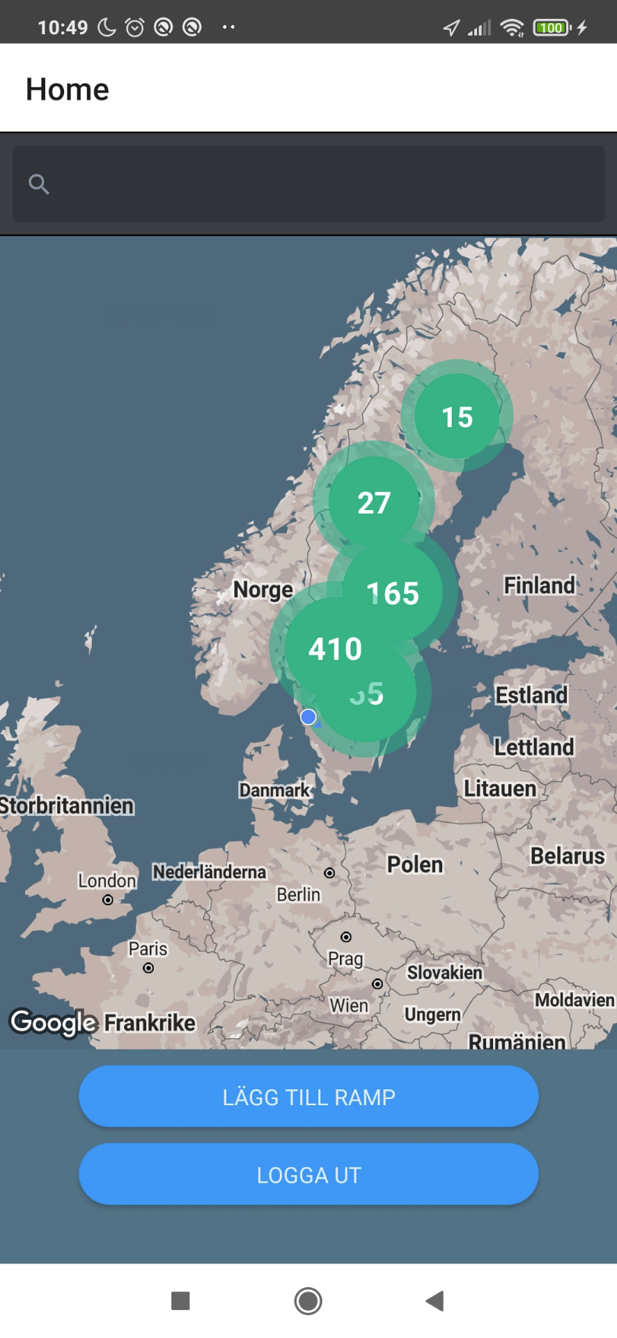 Båtramper Android app showing boat-ramp locations clustered on a Google Map.
