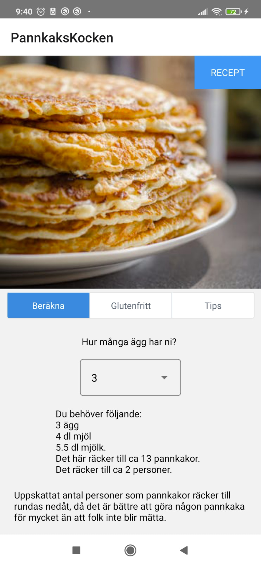 Pannkakskocken Android app showing the pancake calculator based on the number of available eggs.