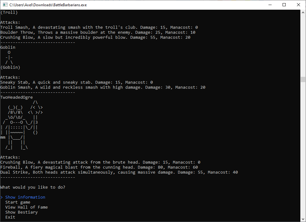 BattleBarbarians Bestiary showing discovered enemy information and ASCII presentation.