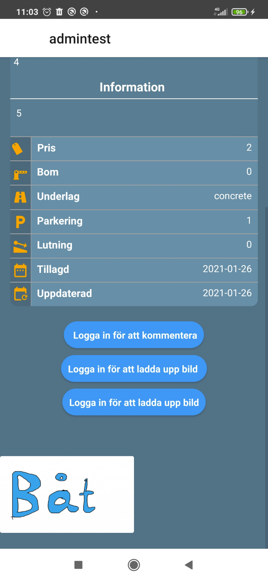 Båtramper Android app showing a detailed boat-ramp view with information fields and controls for user content.