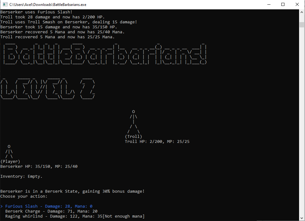 BattleBarbarians terminal combat showing the Berserker class during battle with its class bonus active.